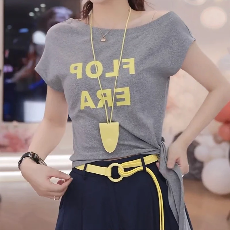美式辣妹正肩短袖T恤女2025夏季新款斜肩绑带不规则打底衫短上衣