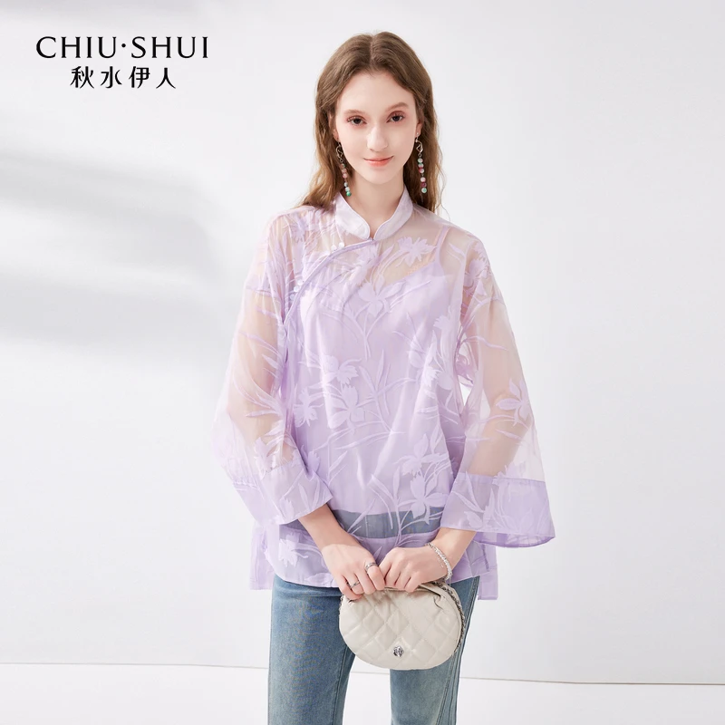 【直播】秋水伊人立领斜门襟宽松国风雪纺衫2024年夏季新款盘扣上衣