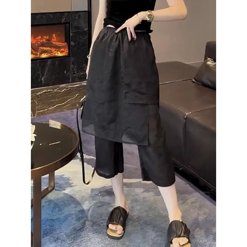 高腰修身显瘦休闲裤夏季新款女潮流时尚百搭假两件八分拼接裤裙