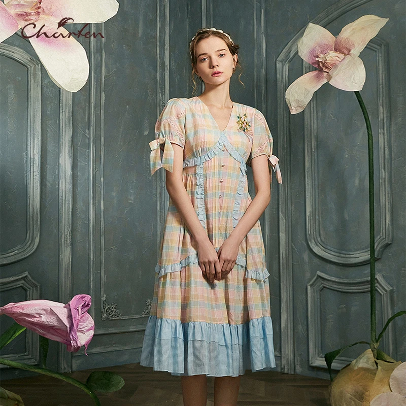 【达人】CHARFEN朝峰款复古印花连衣裙女CFC2E316-323G
