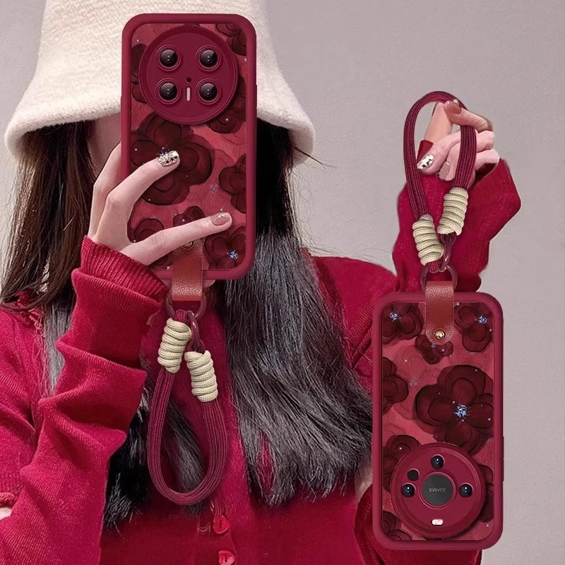 水墨晕染玫瑰羊巴皮适用华为mate70pro手机壳mate60保护套喜庆p70