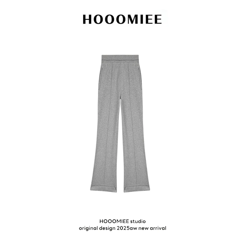 Hooomiee简约灰时尚夏日纯色白带休闲女士微喇裤220582