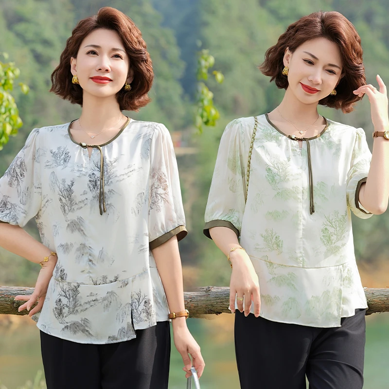 女装雪纺衫中国风雪纺小衫妈妈装薄款中老年女装中老年衬衫