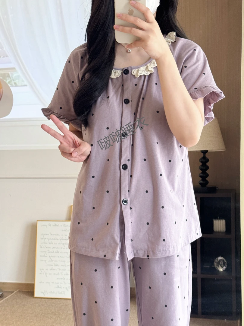 纯棉夏季短袖睡衣开衫圆领可爱大方ins风防凸点家居服
