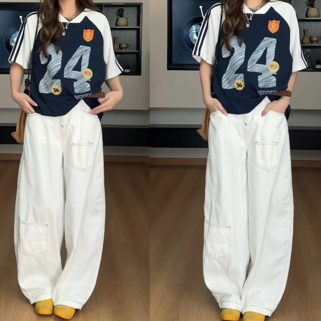 【慌慌】夏季明线拼接阔腿牛仔裤直筒韩版休闲裤白色休闲裤子N6050