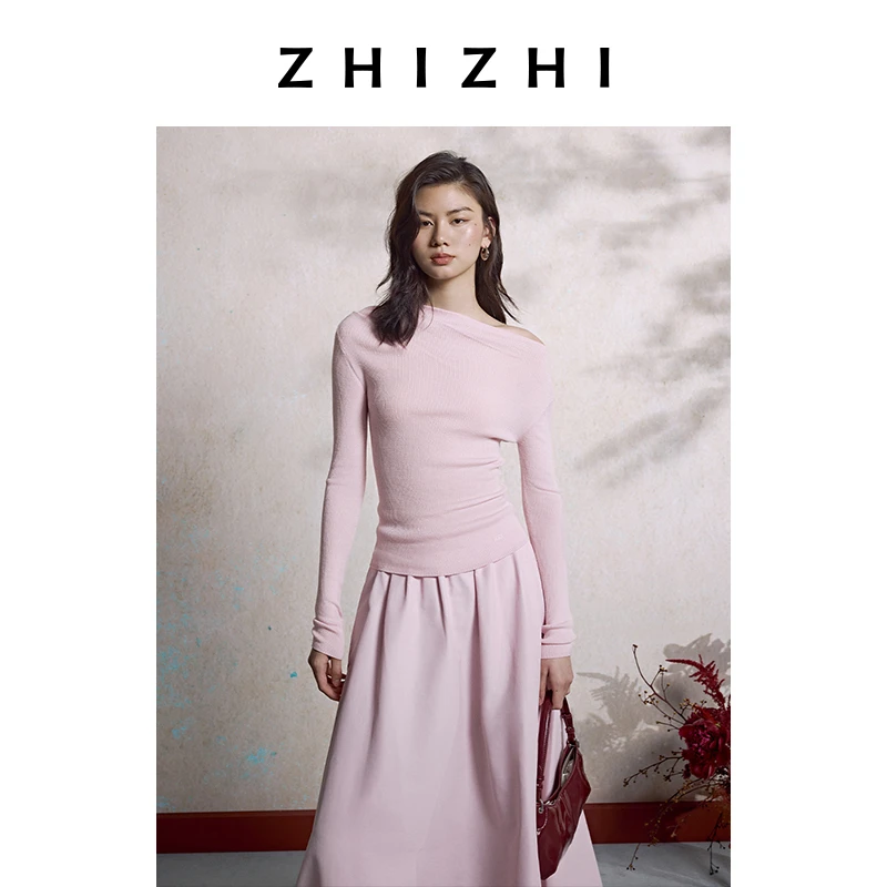 致知 摸鱼儿 全羊毛斜肩紧身针织衫25秋新款肩部叠褶ZZ2EAKZN064