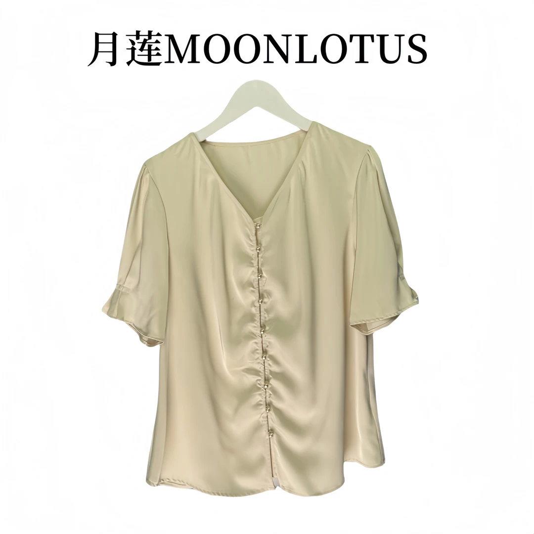 G665  纯色短袖通勤常规直筒型V领衬衫轻奢时尚女装女士衬衣