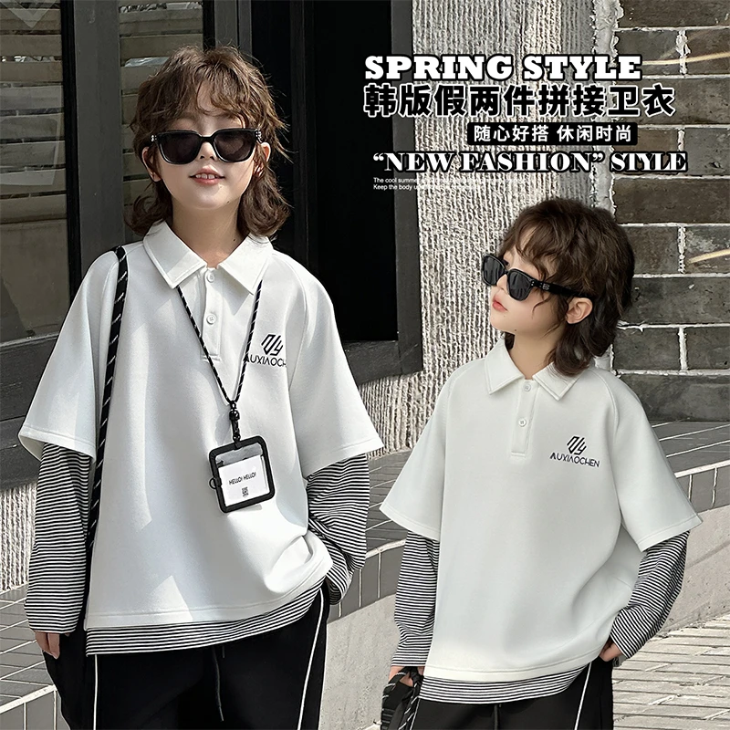 男童假两件POLO衫2025秋季新款儿童休闲拼色春款打底衫韩版卫衣潮