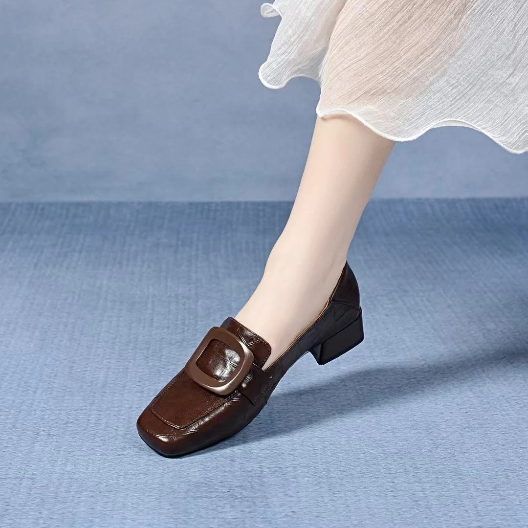 法式气质复古乐福小皮鞋英伦风粗跟低跟一脚蹬舒适深口方扣单鞋女