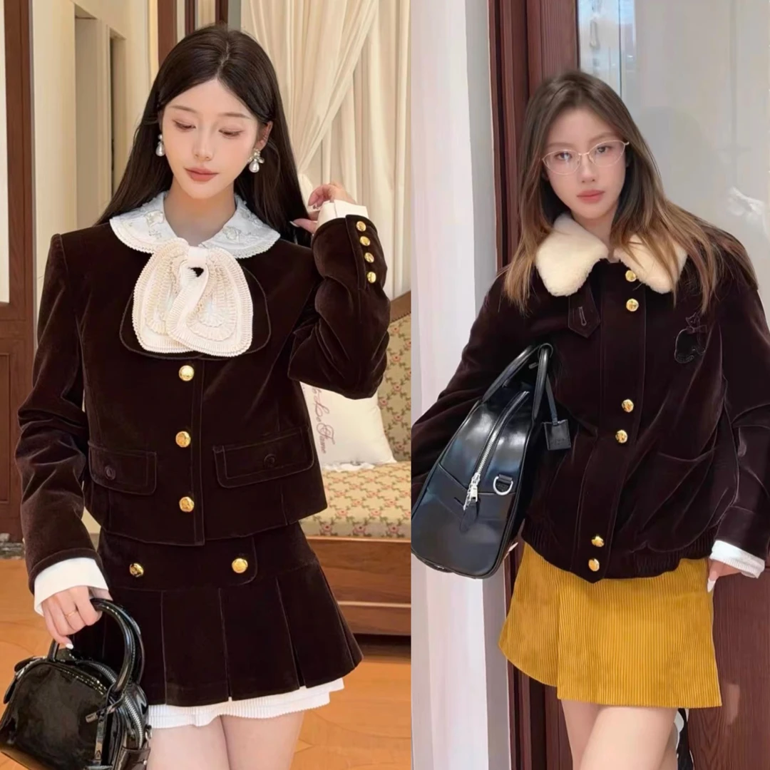 《no退no换默认微瑕》千金风咖色小香羽绒外套套装