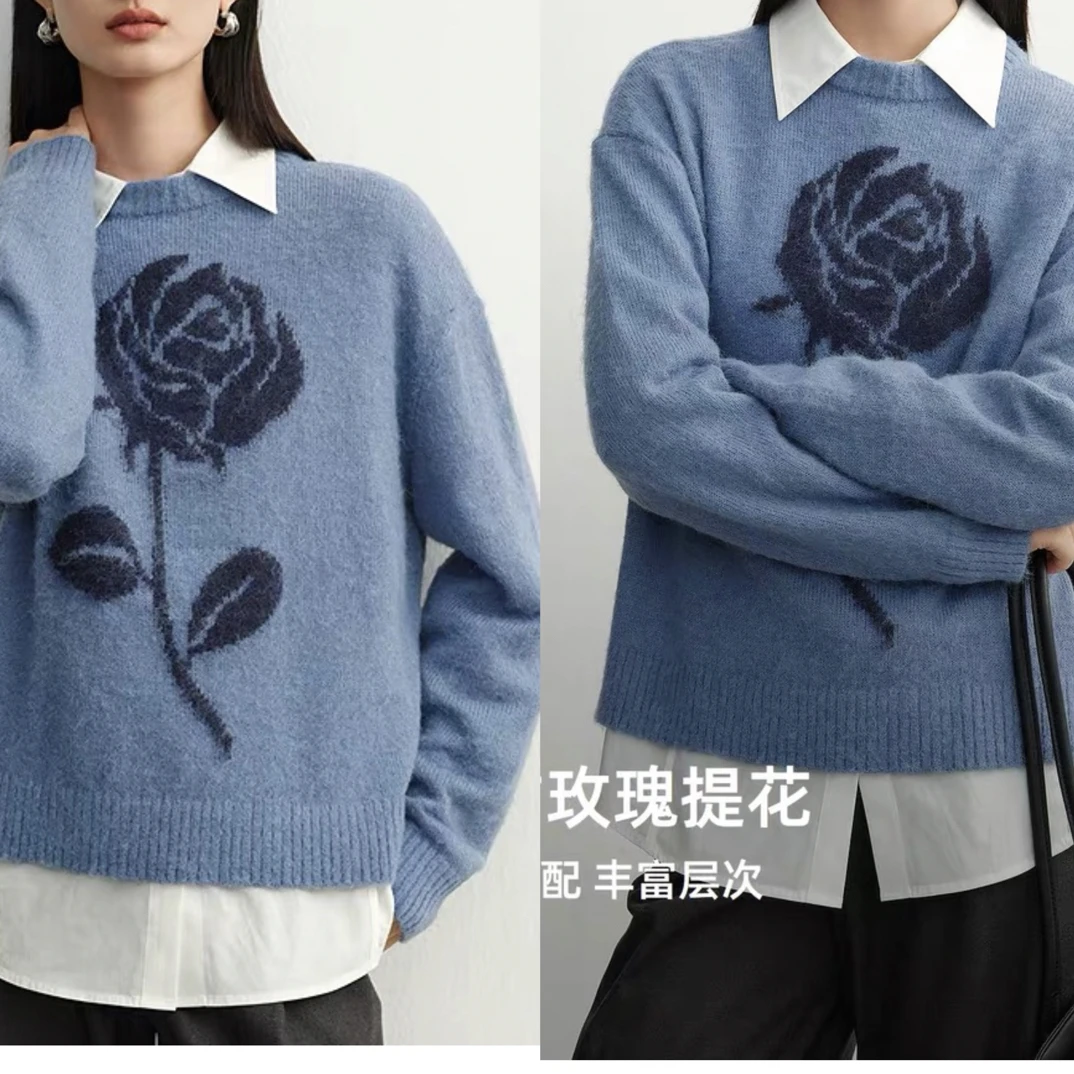 122403 迪~羊毛复古提花圆领软糯针织衫2025冬新款设计感上衣毛衣