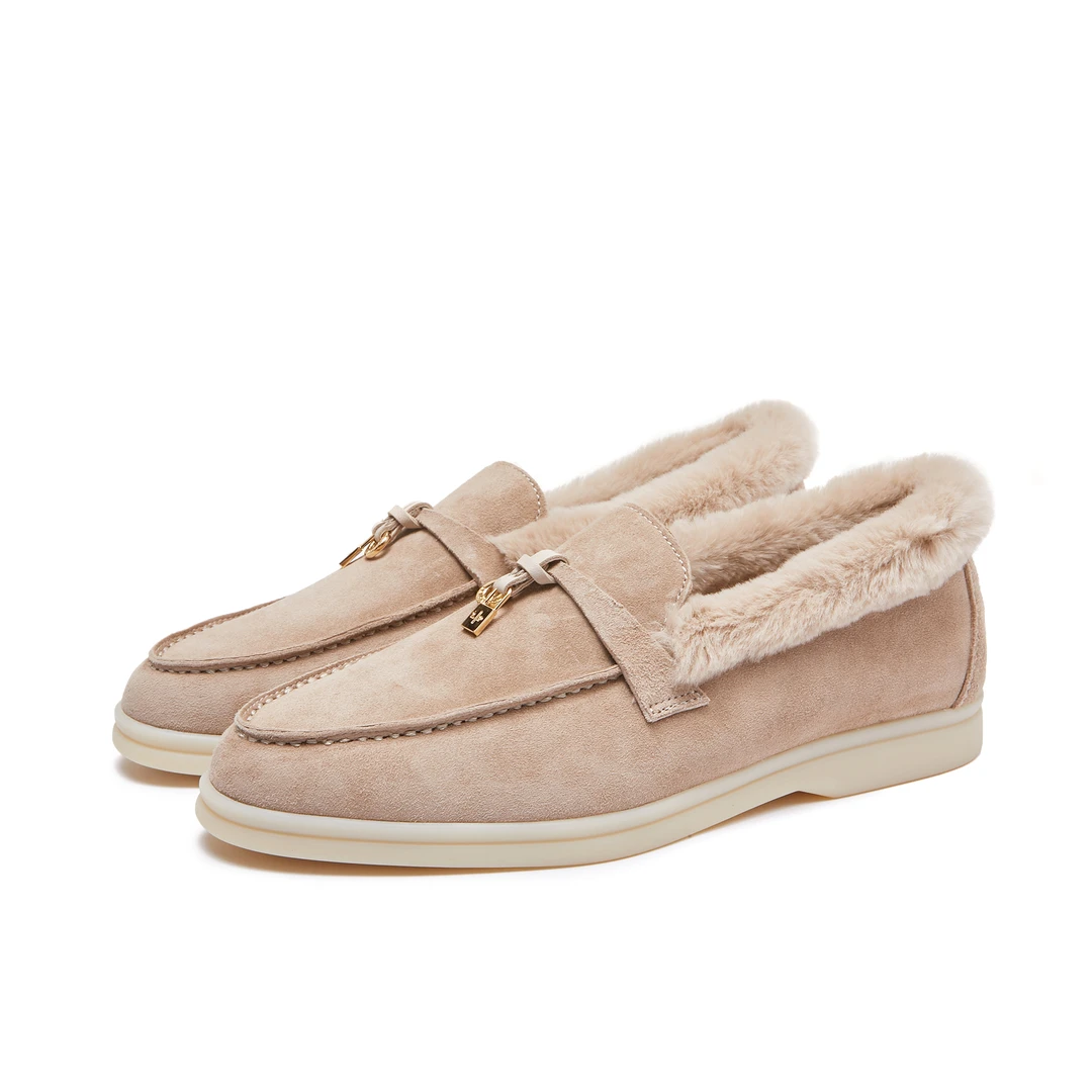 LP冬季上新保暖加绒低帮兔毛平底小圆头真皮软底软面一脚蹬乐福鞋