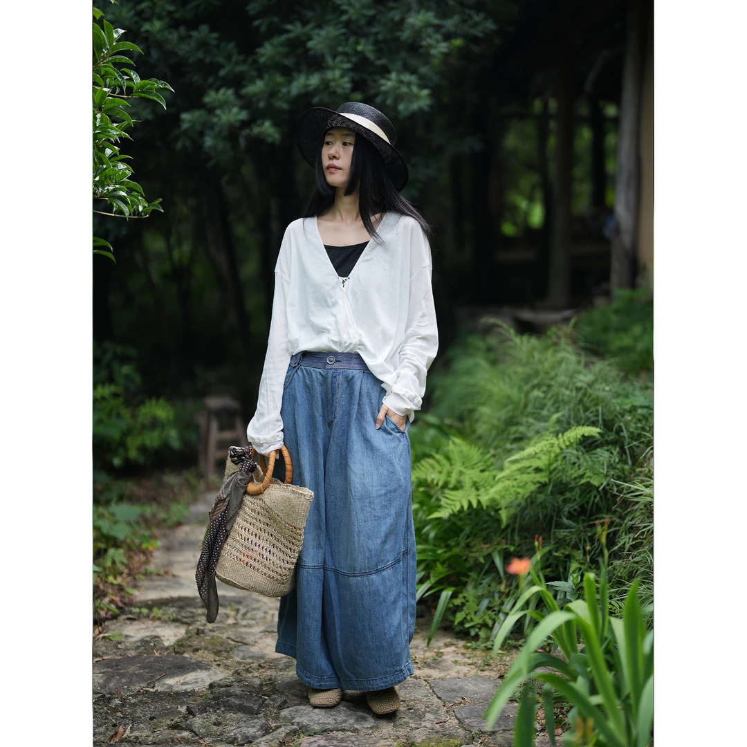 几见原创设计夏季汉麻棉牛仔裤九分裤阔腿休闲裤水洗做旧K52467