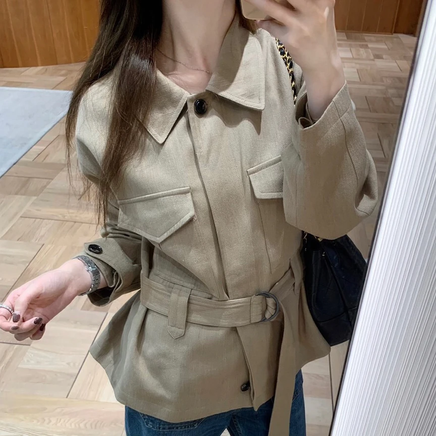卡其色收腰风衣外套