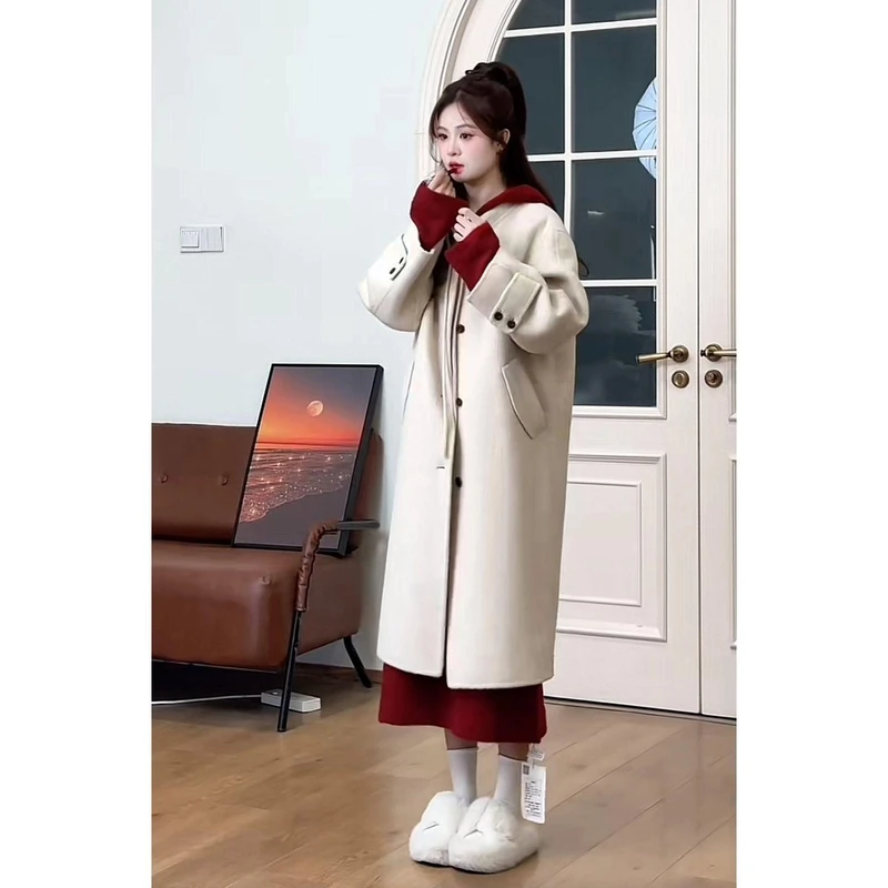 韩系氛围感穿搭一整套女2024冬季新款连帽针织连衣裙毛呢外套套装
