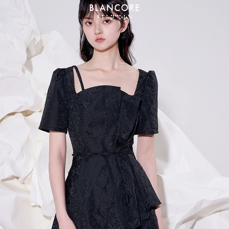 【设计师品牌BLANCORE】夏季新压褶显瘦提花裤子不对称连体裤