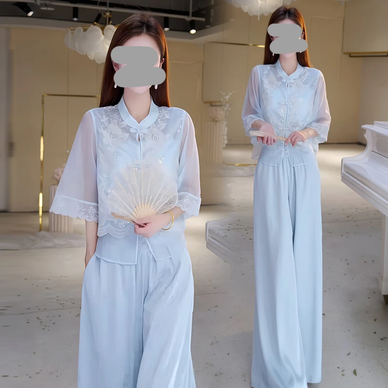 休闲简约国风盘扣套装女2025夏季新款高级感刺绣上衣阔腿裤两件套