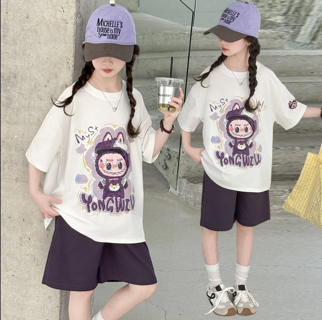 【青现货】女童夏季短袖套装2025新款儿童LABUBU卡通套装中大童女孩
