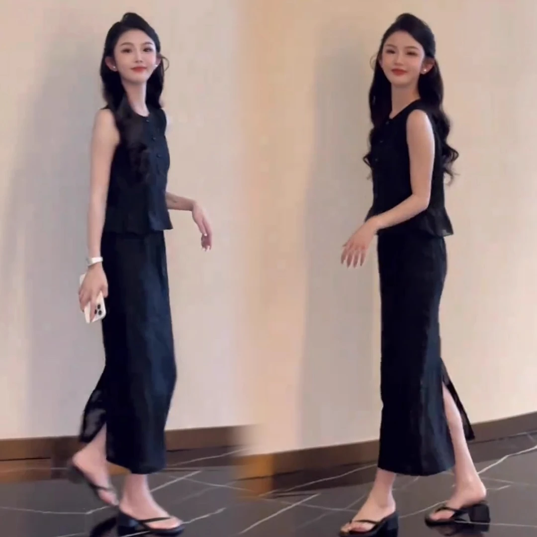 时尚套装裙女2025夏季新款洋气收腰显瘦设计感无袖上衣半身裙套装