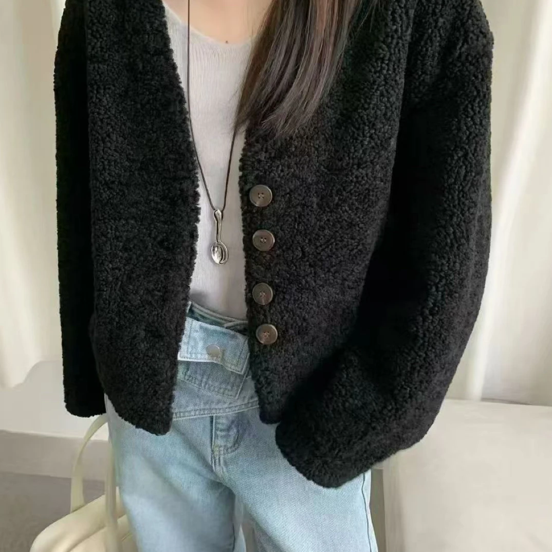 冬季新款小香风V领气质慵懒羊羔毛毛毛外套女保暖百搭