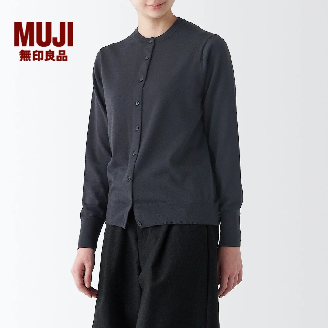 无印良品 MUJI 女式 羊毛 可水洗高针距圆领开衫 慵懒风针织打底