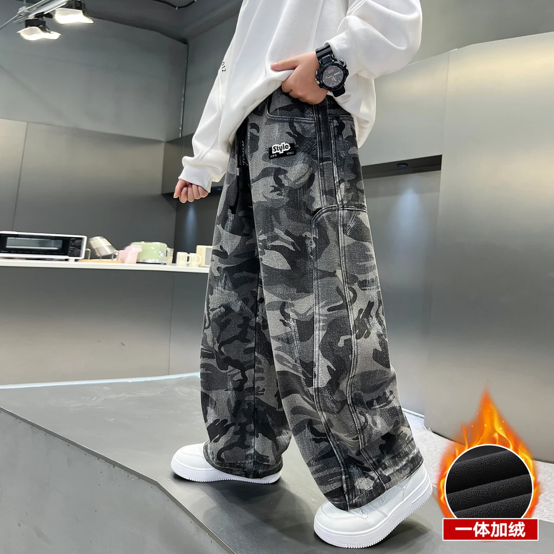 男童加绒裤子一体绒6-12岁中大童男孩迷彩长裤儿童工装裤冬季加厚