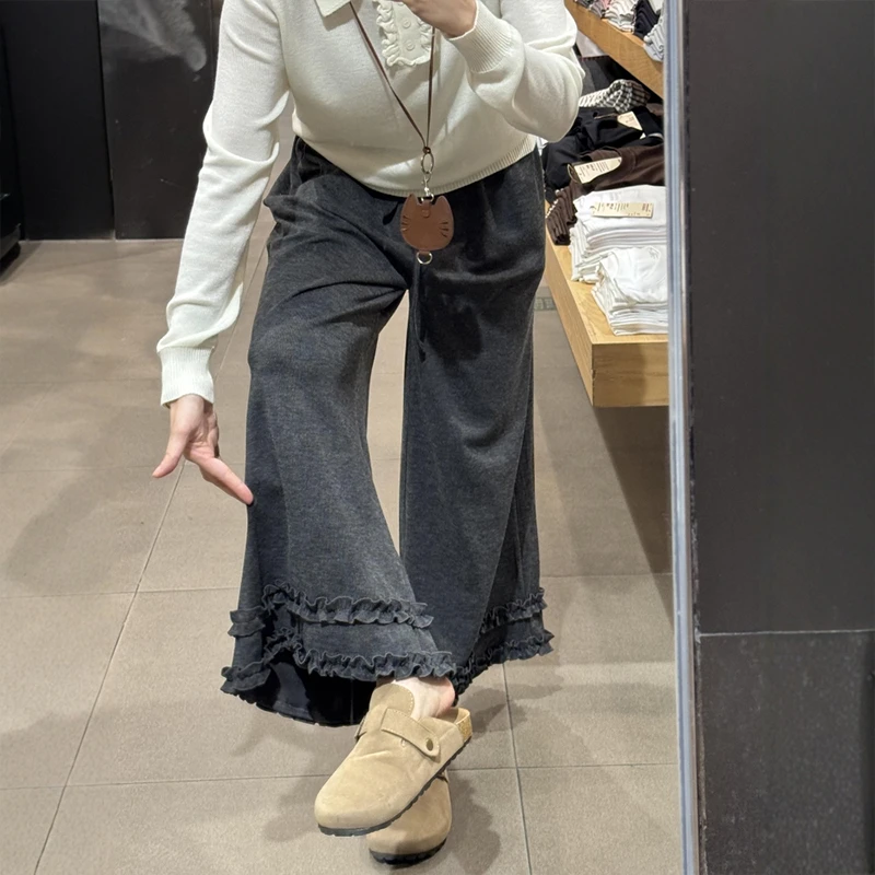 秋装深灰色花边针织阔腿糯米裤子小个子高腰显瘦慵懒毛巾休闲裤