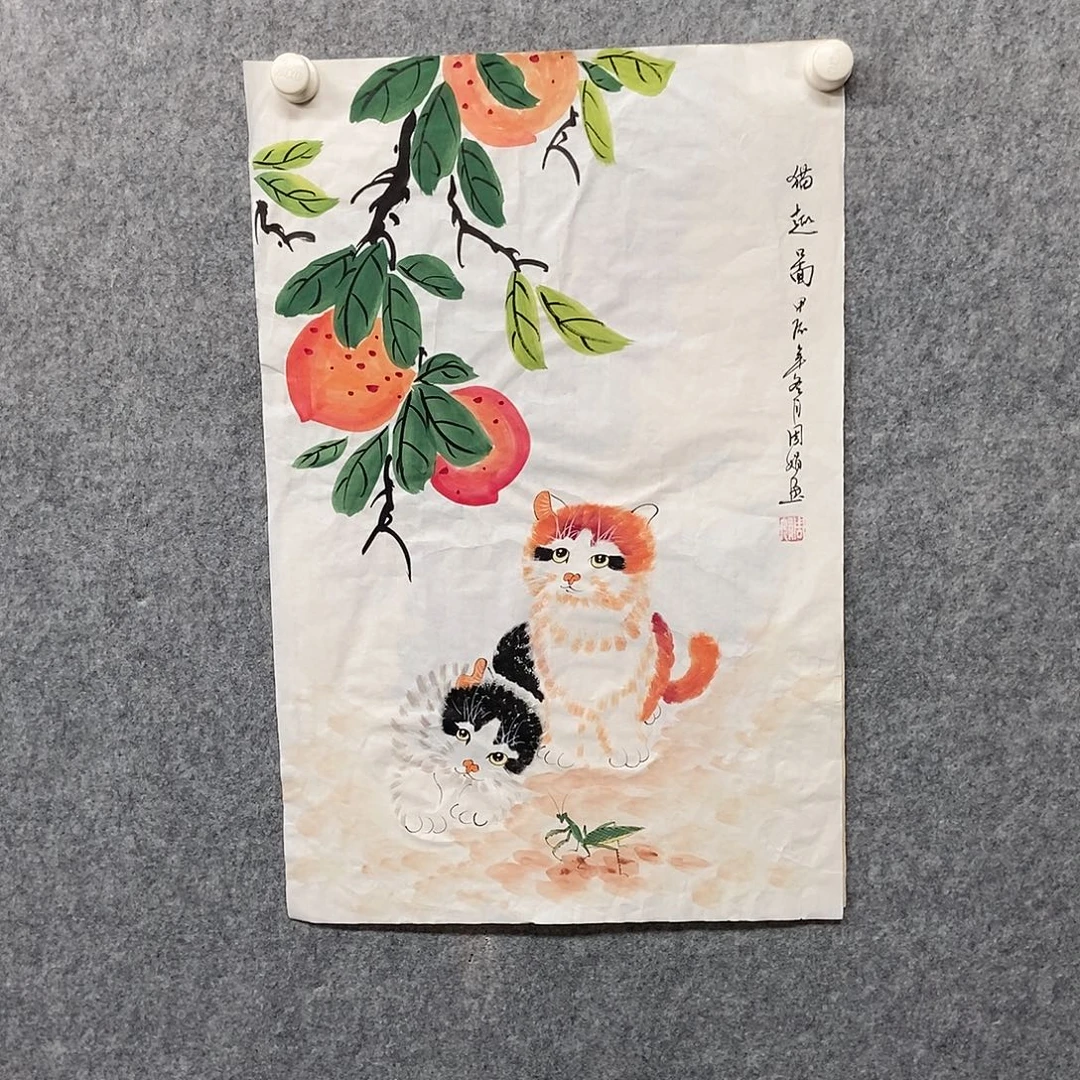 国画四尺三开小猫一副