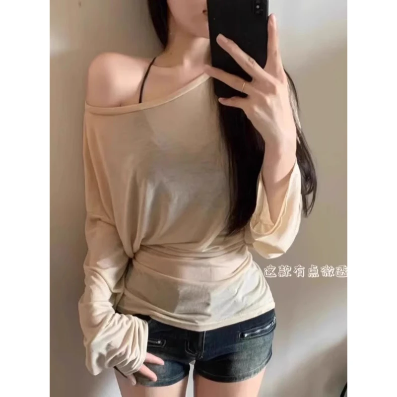 夏季时尚绑带罩衫春夏新款宽松长袖T恤女小众拨款设计感微透上衣