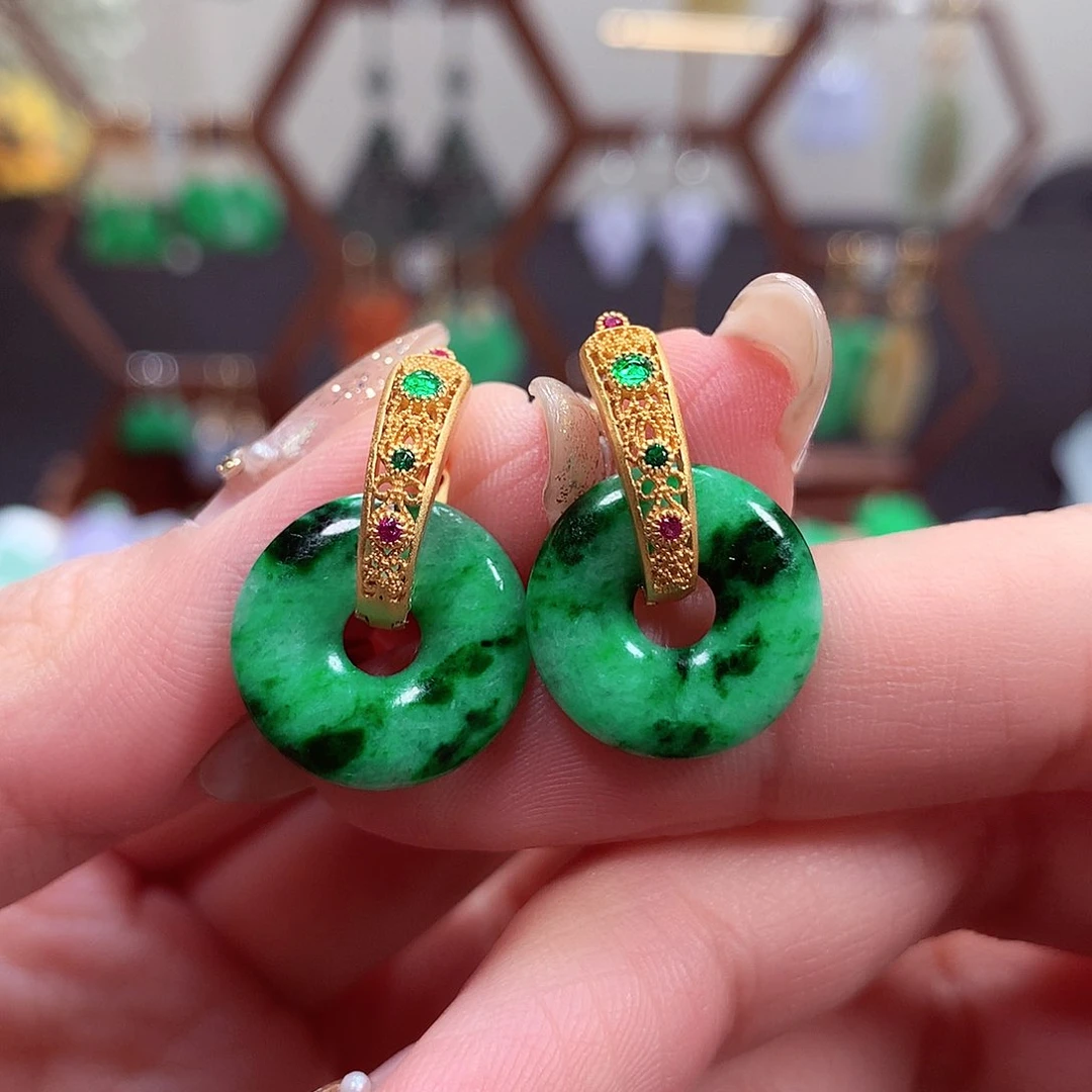 翡翠耳饰银S925镶嵌天然翡翠
