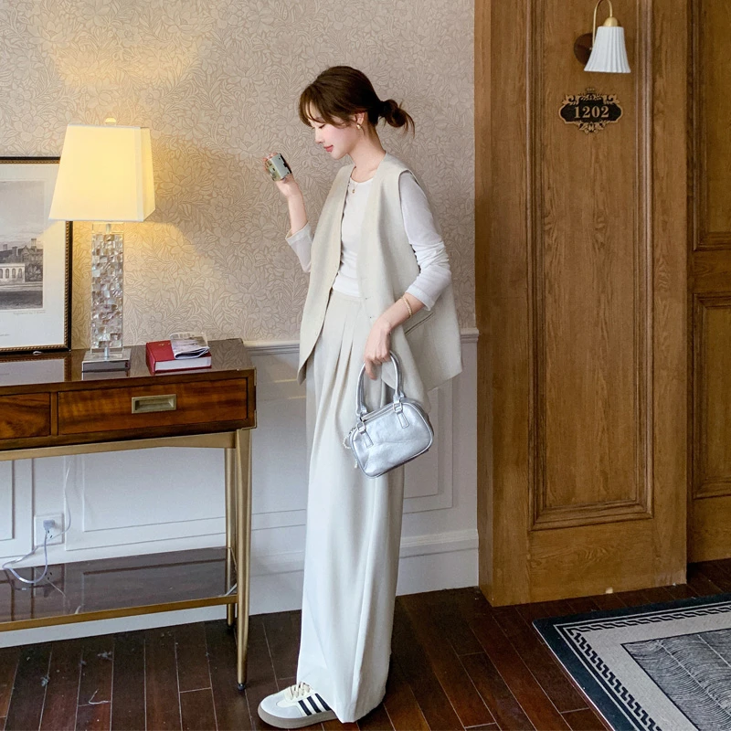 松弛感马甲阔腿裤2025春秋新款简约通勤气质韩系INS风显瘦套装裤