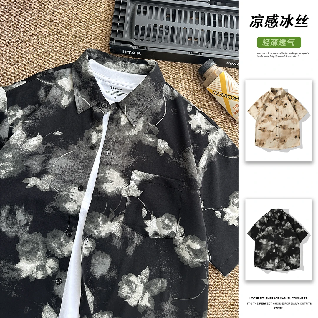 夏季冰丝凉感ol短袖衬衫痞帅男款短袖衬衣高级感轻薄透气宽松休闲