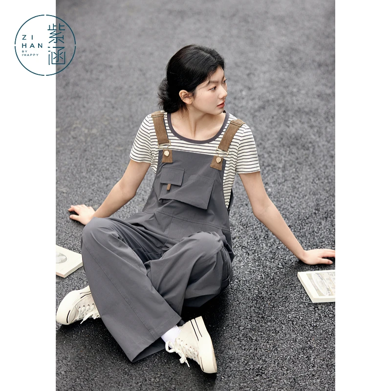 紫涵撞色肩带工装背带裤女2025春季新款休闲阔腿连体裤Z5Z01AN042