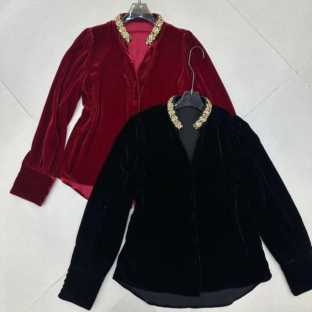 100%桑蚕丝早春订珠衬衫2025年新款