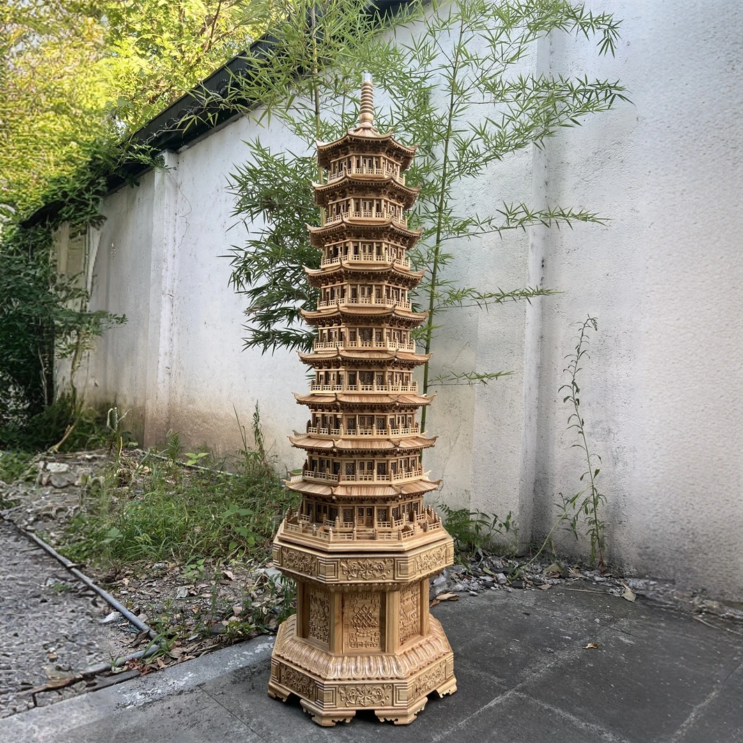中式东阳木雕香樟木九层八角玲珑木塔旋转发光