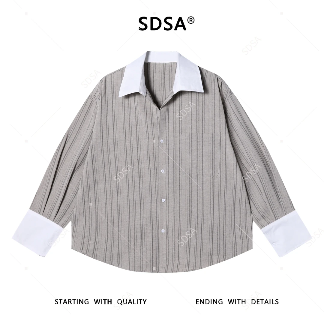 SDSA男士秋冬新款痞帅男装潮牌撞色竖纹设计翻领衬衫百搭宽松衬衣