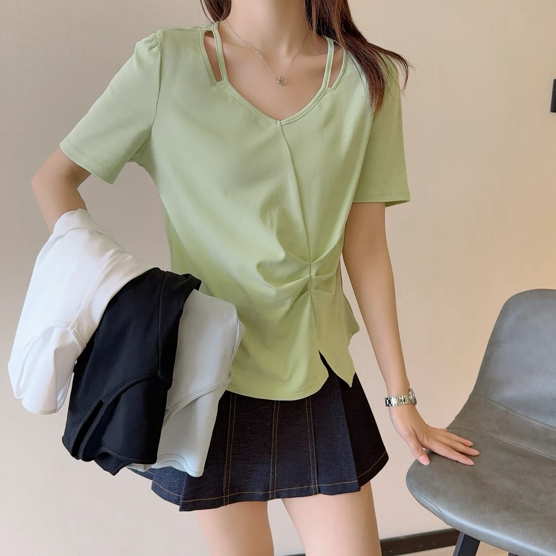 欧若风正肩v领镂空褶皱不规则慵懒风短袖33019