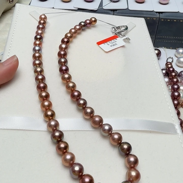 银S925镶嵌颈饰淡水珍珠8-10正圆金属怪色