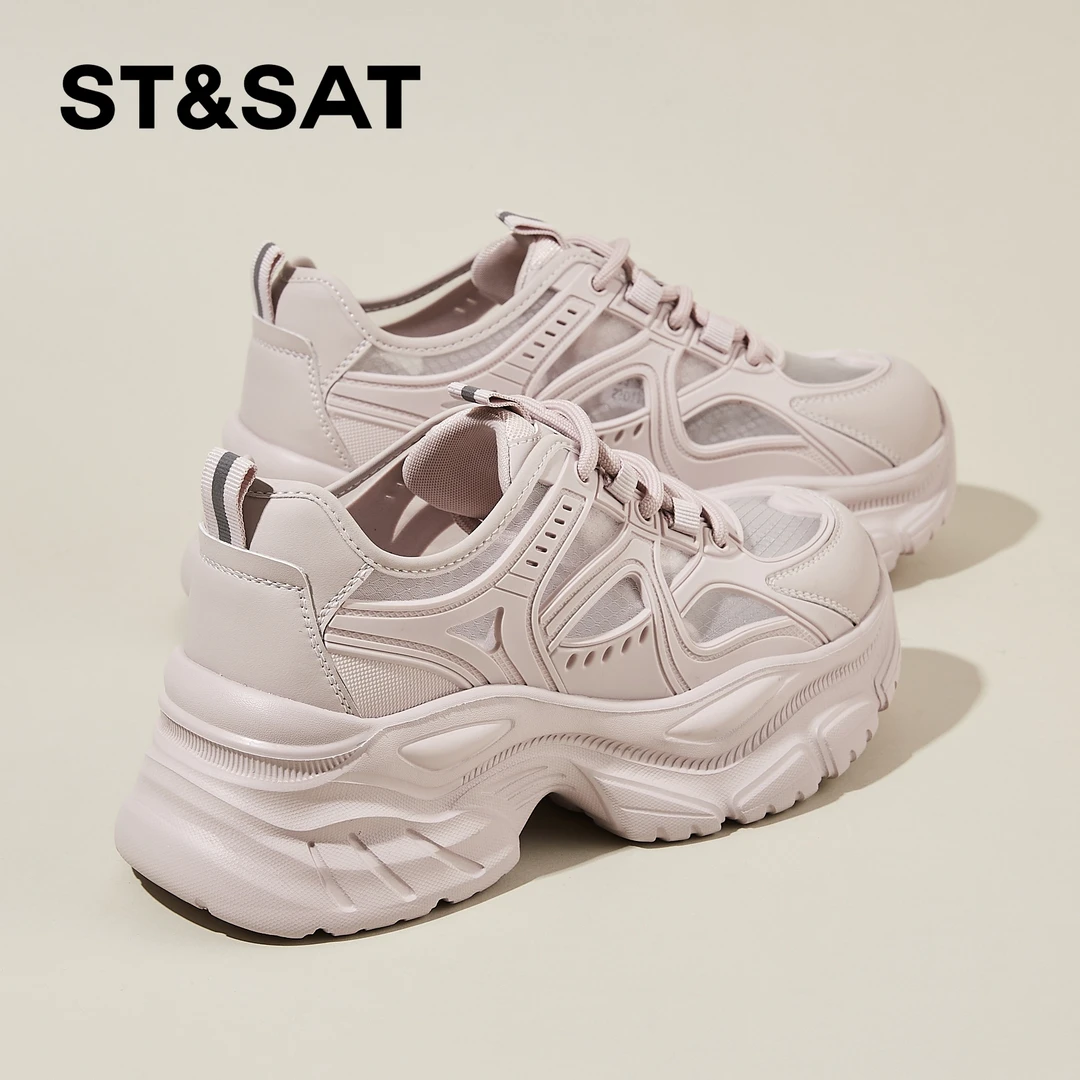 星期六真皮纯色老爹鞋女2025夏季新款透气网面休闲松糕增高运动鞋