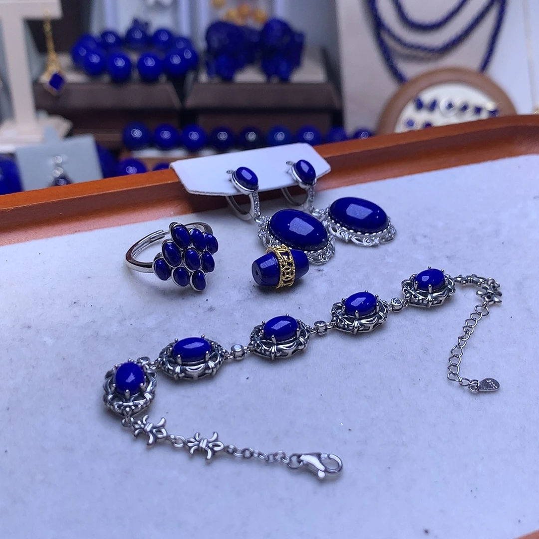 平***儿青金石银S925镶嵌手链+耳饰+戒指