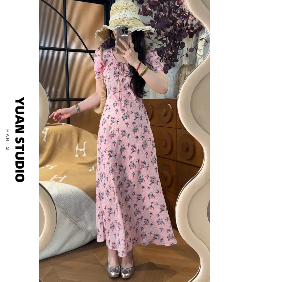 YUAN 【樱语若梦】法式复古斜裁显瘦遮肉气质夏季单层薄款连衣裙