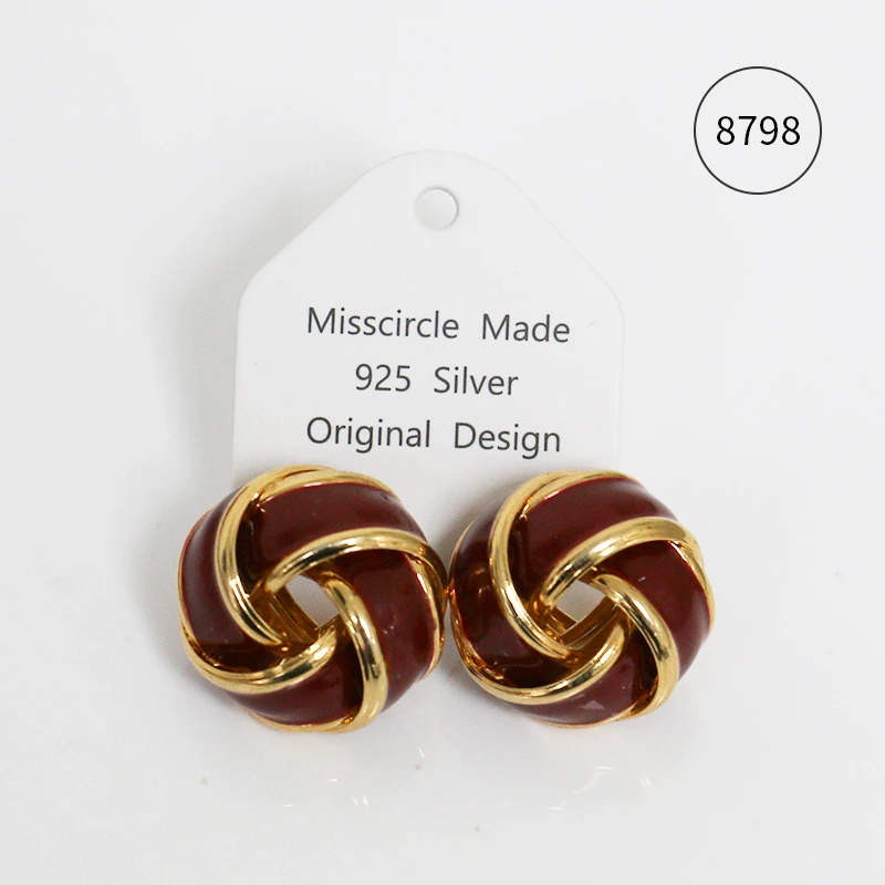 Misscircle Made 铜合金珐琅耳饰 红色滴釉同心结耳钉秋冬女8798
