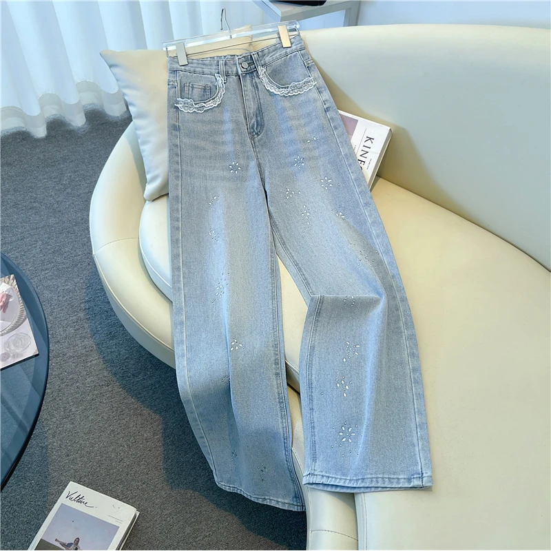 蕾丝拼接烫钻牛仔裤春夏秋新款高腰宽松显瘦窄版直筒阔腿好看长裤