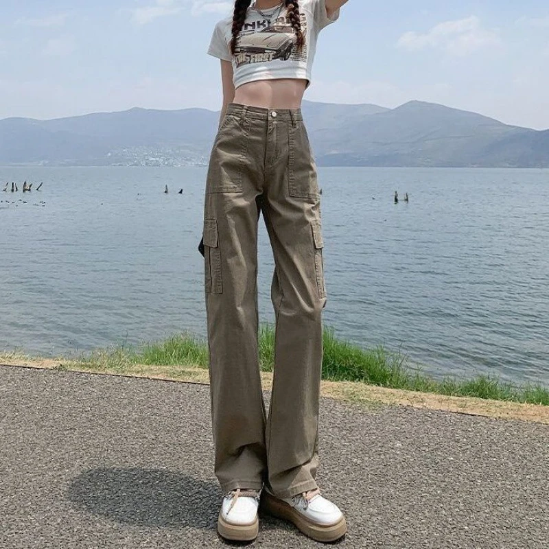 卡其色高腰窄版工装裤女夏季美式复古高街宽松显瘦休闲阔腿牛仔裤