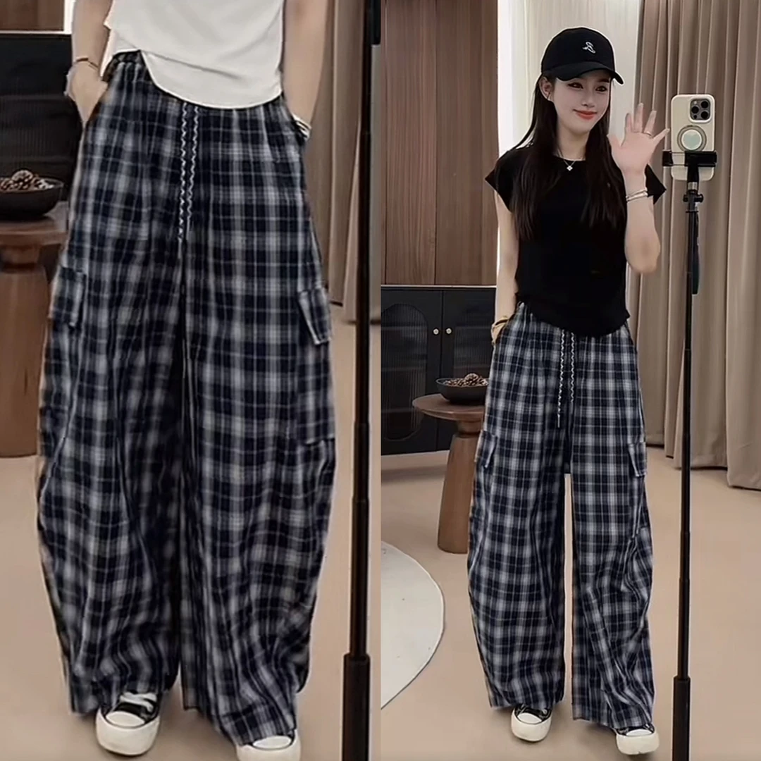 今年流行超好看薄款格子阔腿裤女2025早秋高腰显瘦弯刀裤休闲裤子