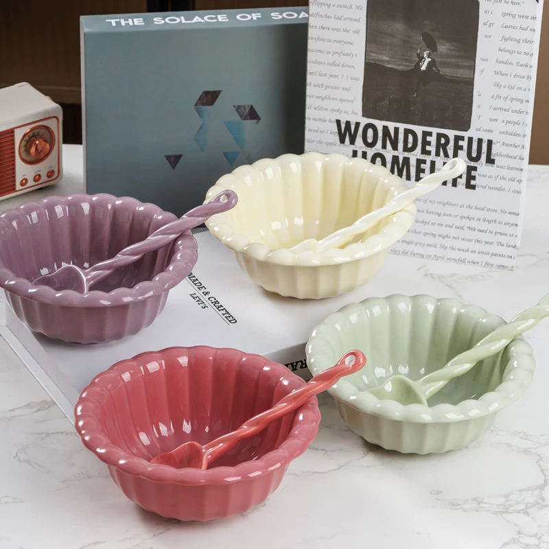 【1碗1勺】奶油风4色云朵碗纯色麻花勺勺碗勺甜品碗釉下彩陶瓷