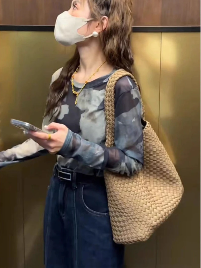 早秋辣妹扎染印花网纱小衫女夏防晒上衣薄纱冰丝罩衫吊带外搭t恤