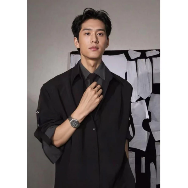 假两件拼接领带设计感衬衫男款早秋季高级感衬衣外套痞帅休闲西装