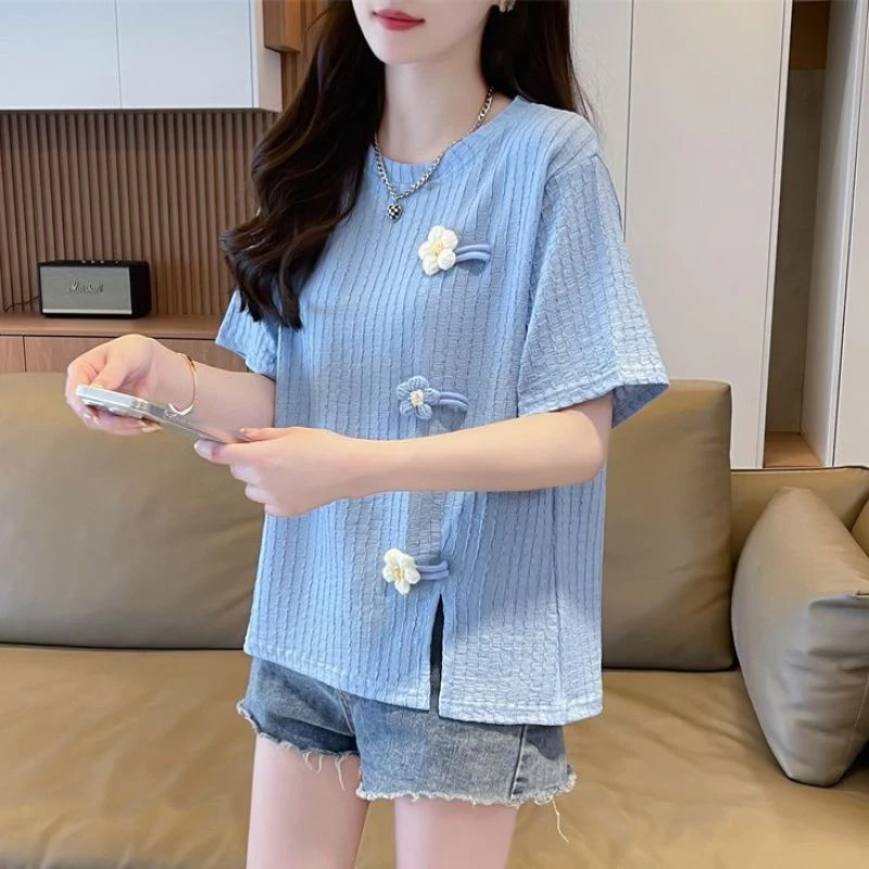 甜美风立体花朵开叉短袖t恤女韩版宽松夏季新款小个子设计感上衣