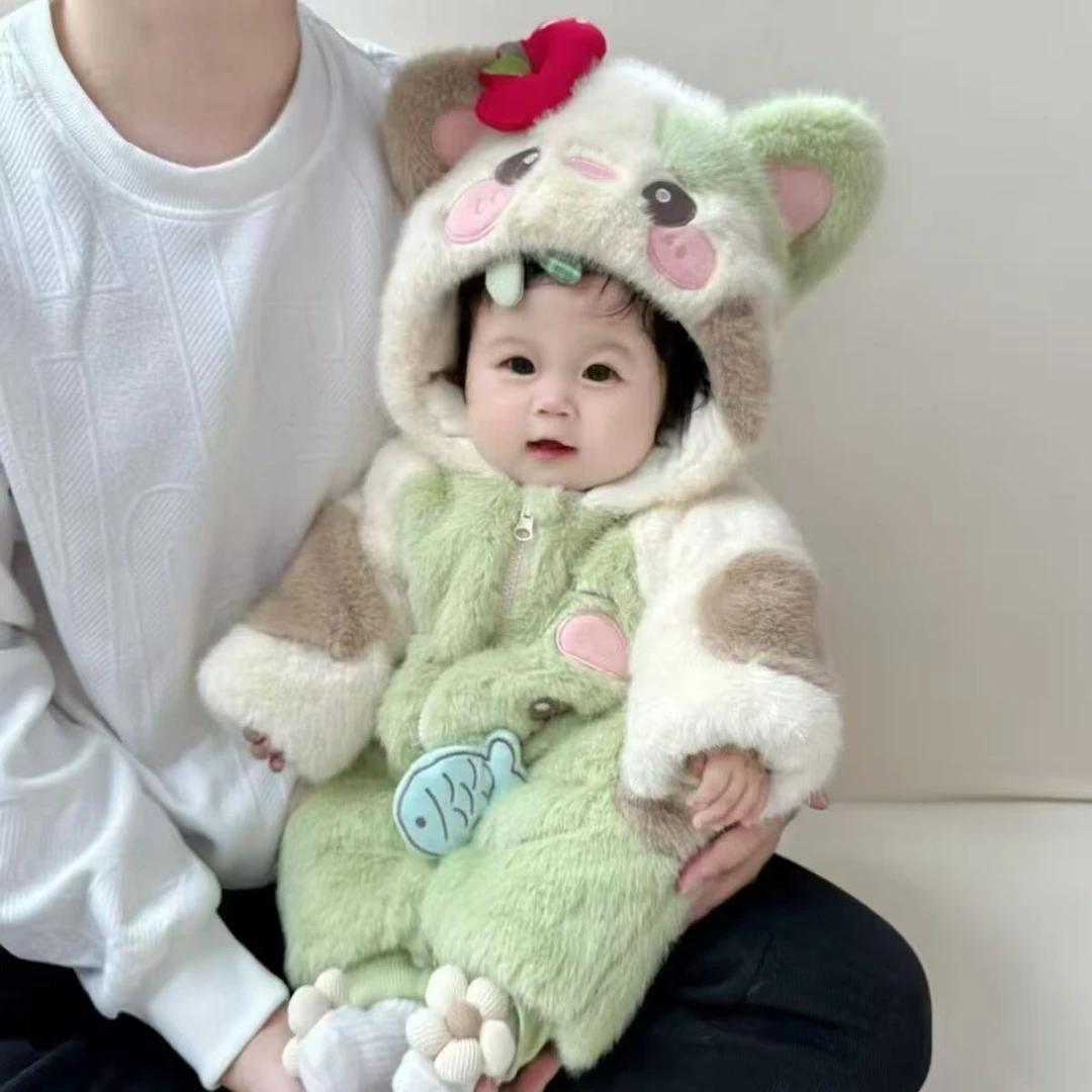 冬款婴儿连体女加绒加厚宝宝可爱超萌毛茸茸保暖哈衣冬季外出爬服
